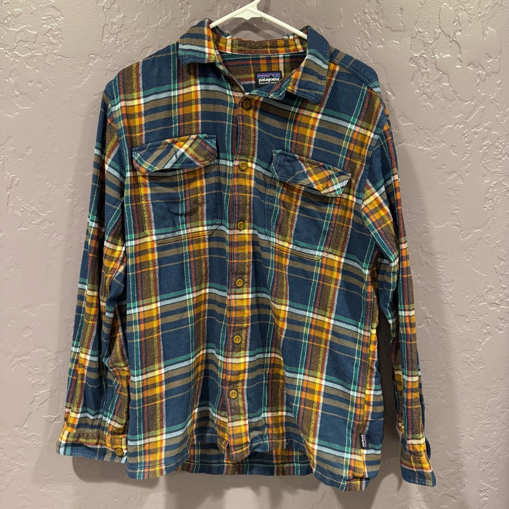 Patagonia Plaid Organic Cotton Flannel Shirt - Blue, Yellow - M